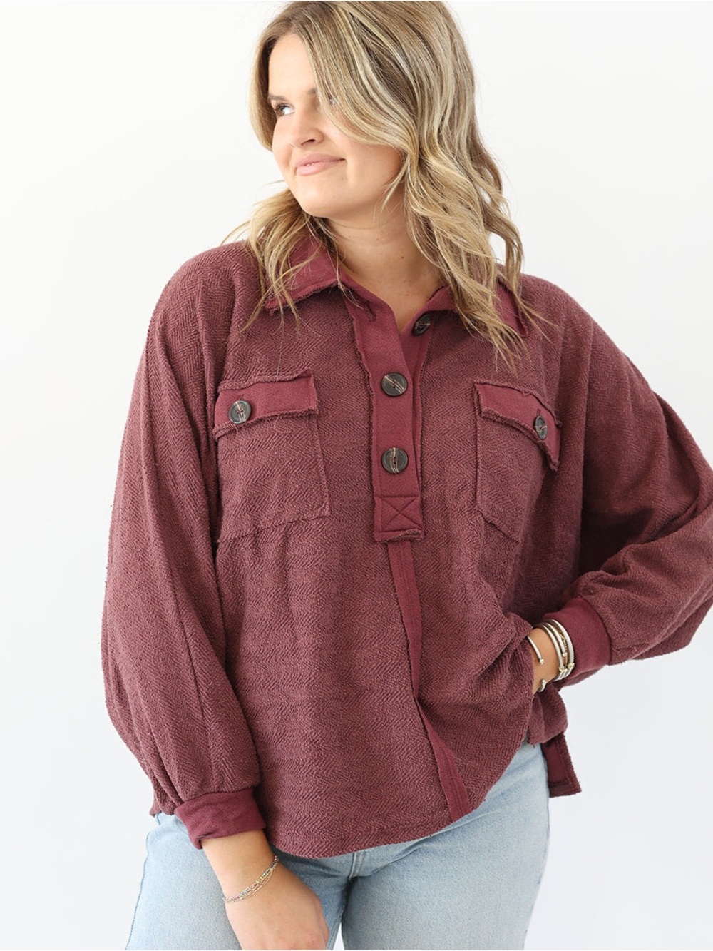 Burgundy Button-Front Teddy Shacket
